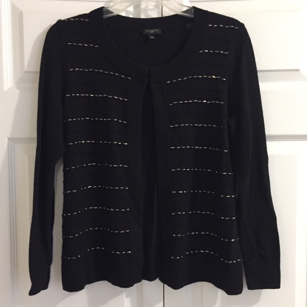 Talbots Lambs Wool Blend Beaded Open Front Black Cardigan Sz SP